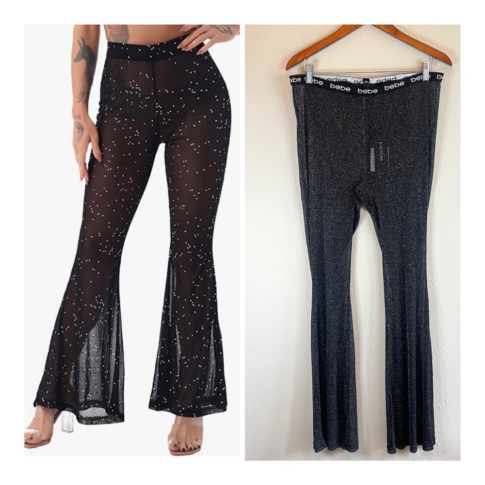 BEBE Glitter Sheer Mesh Flare Logo Cover Up Pants Size XL NWT